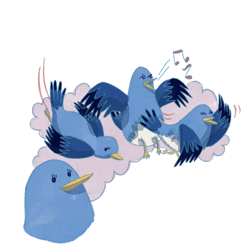 A flock of blue birds singing and flying together