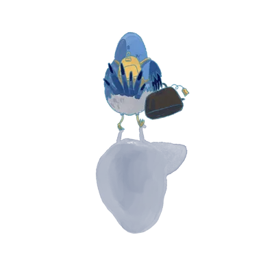 A little blue bird carrying a suitcase, setting off from a stone