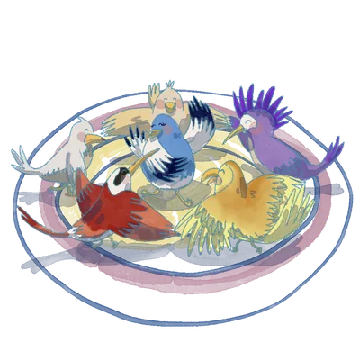 Colorful birds gathered together around a shared nest